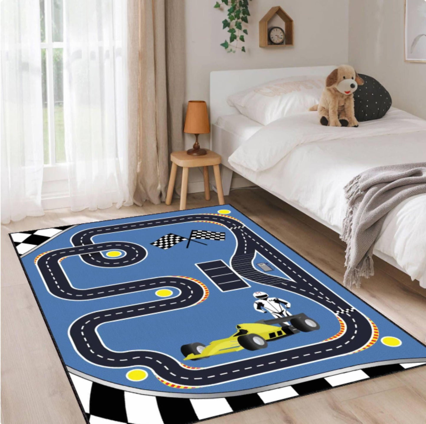 Formula Race Track Kids Rug | Blue Car Racing Playroom Carpet