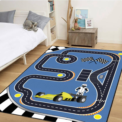 Formula Race Track Kids Rug | Blue Car Racing Playroom Carpet