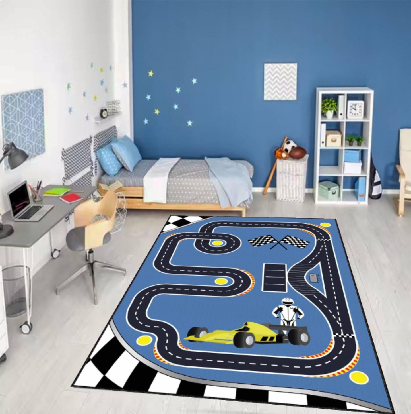Formula Race Track Kids Rug | Blue Car Racing Playroom Carpet