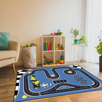 Race Track Kids Rug,Formula Car Racing Design for Playroom Nursery,Blue Road Carpet,Washable rug NonSlip Rug,Toddler Child Bedroom Floor Mat