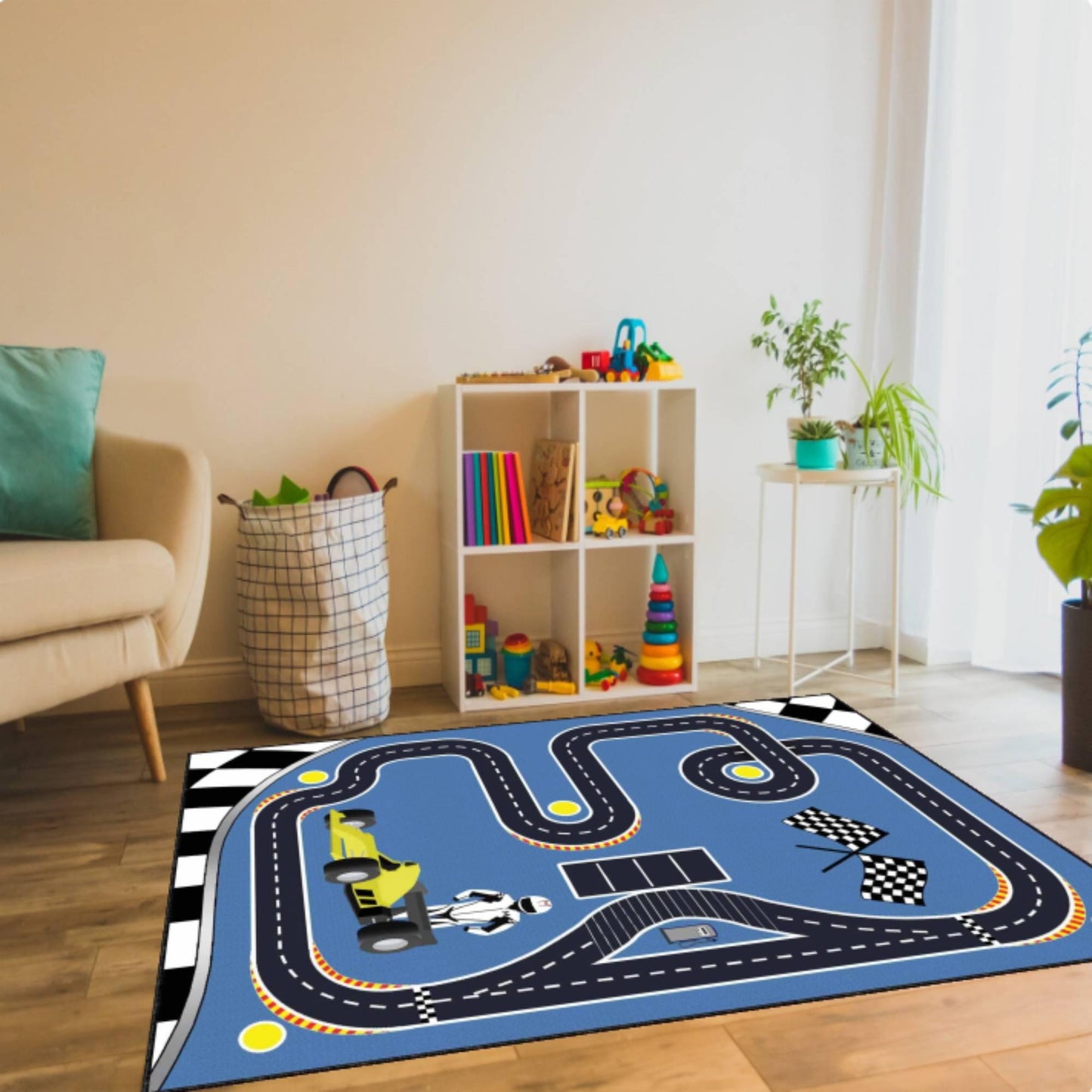 Formula Race Track Kids Rug | Blue Car Racing Playroom Carpet