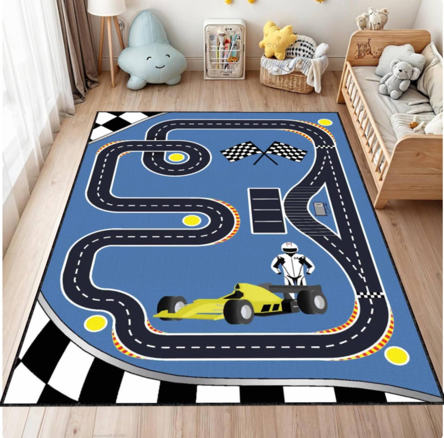 Children's room with a blue race track rug featuring a yellow car and racing driver.