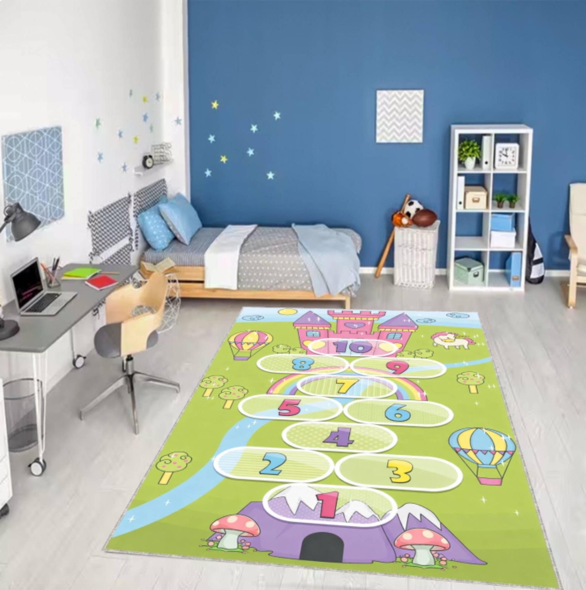 Kids Hopscotch Rug, Princess Castle Play Rug, Educational Number Carpet, Washable Kids Rug, Non Slip Nursery Rug, Toddler Room Decor