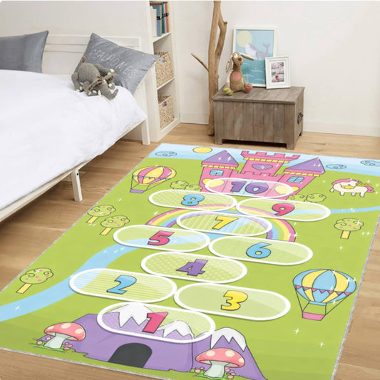 Kids Hopscotch Rug, Princess Castle Play Rug, Educational Number Carpet, Washable Kids Rug, Non Slip Nursery Rug, Toddler Room Decor