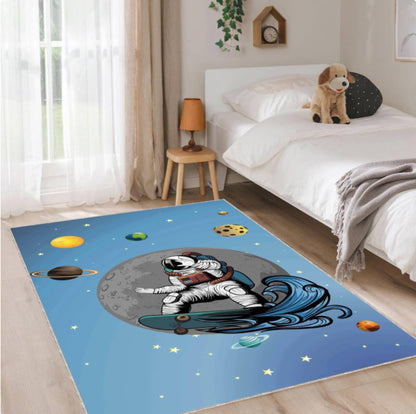 Astronaut Skateboard Rug, Space Kids Room Carpet, Galaxy Nursery Decor, Cool Planet Design Mat, Washable Rug, Non Slip Kids Room Rug