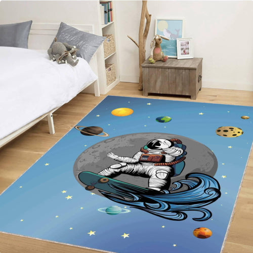 Astronaut Skateboard Rug, Space Kids Room Carpet, Galaxy Nursery Decor, Cool Planet Design Mat, Washable Rug, Non Slip Kids Room Rug