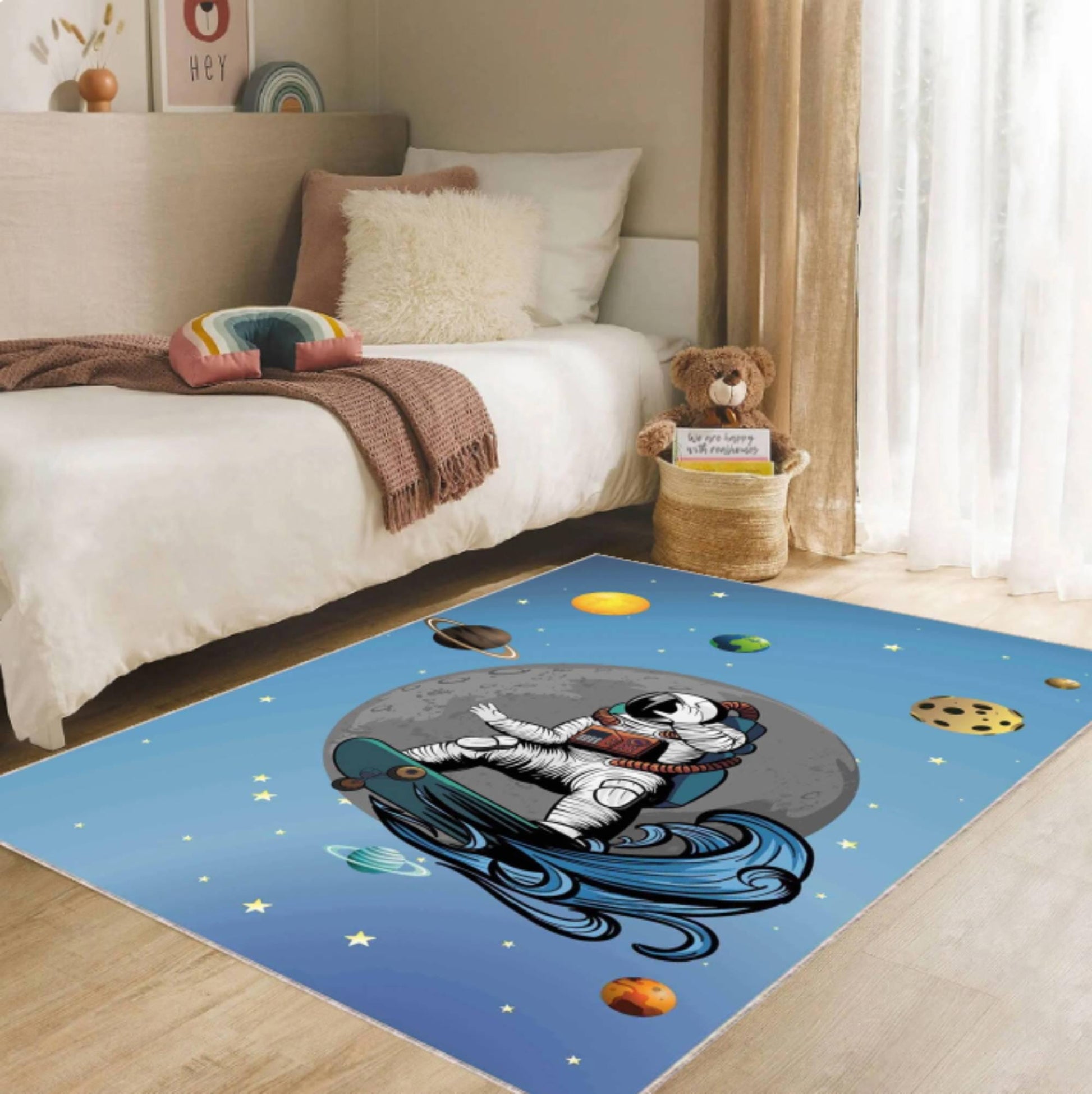 Astronaut Skateboard Rug, Space Kids Room Carpet, Galaxy Nursery Decor, Cool Planet Design Mat, Washable Rug, Non Slip Kids Room Rug