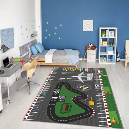 Kids Airport & Road Play Rug - Toy Car Track & Airplane Playroom Decor Rug
