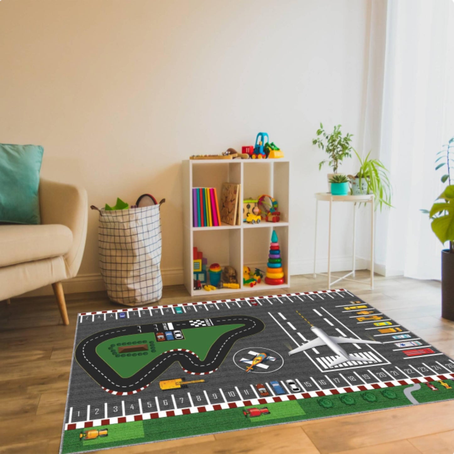 Kids Airport & Road Play Rug - Toy Car Track & Airplane Playroom Decor Rug