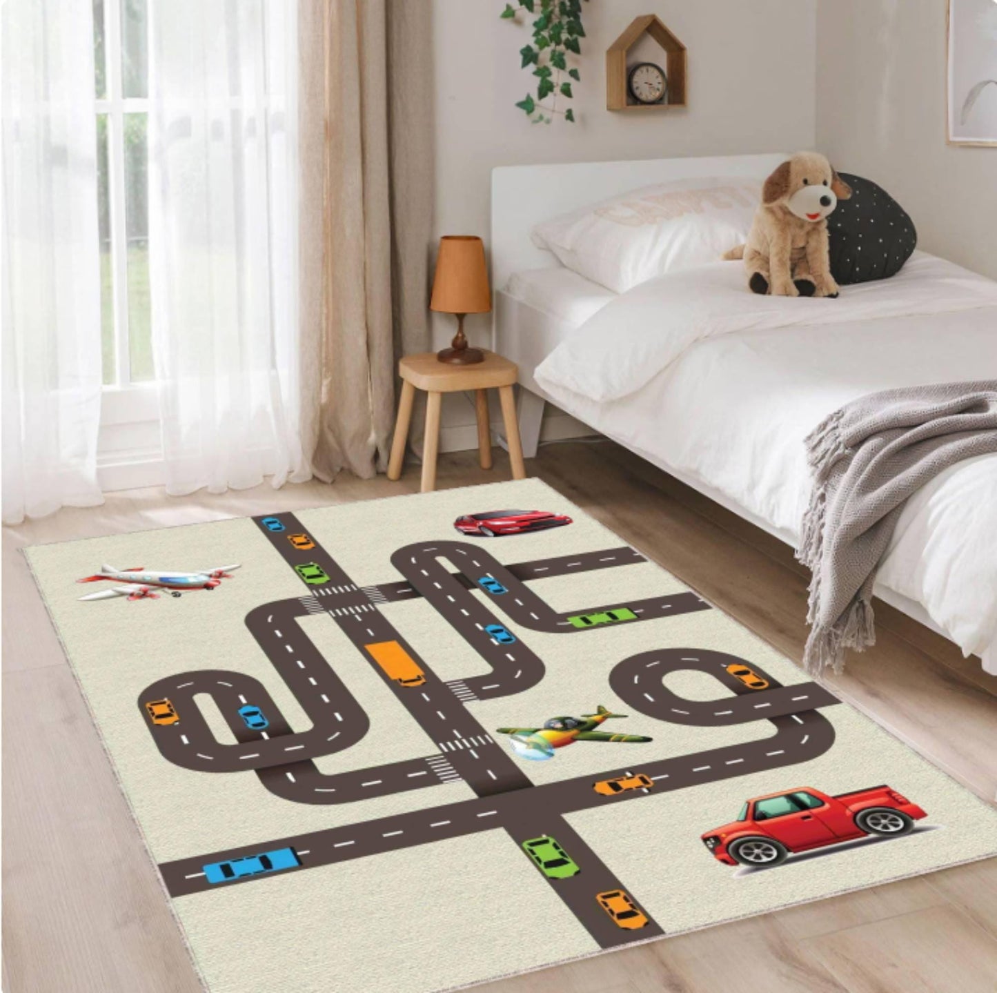 City Road Play Rug, Kids Traffic Map Carpet, Car and Airplane Theme Mat, Nursery Playroom Decor, Washable Area Rug, Non Slip Kids Rug