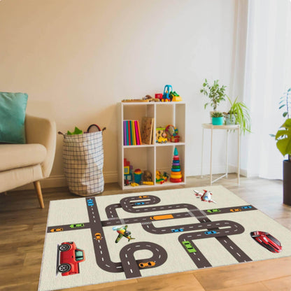City Road Play Rug, Kids Traffic Map Carpet, Car and Airplane Theme Mat, Nursery Playroom Decor, Washable Area Rug, Non Slip Kids Rug