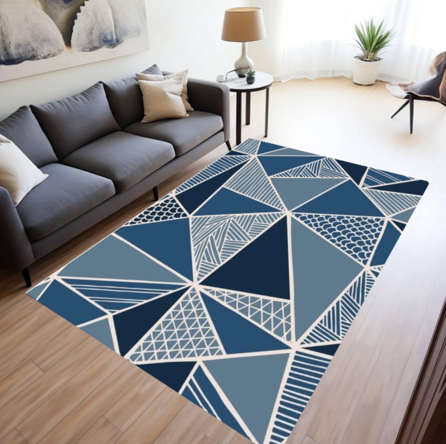 Modern Geometric Rug Blue Rug with Abstract Triangular Pattern Scandinavian