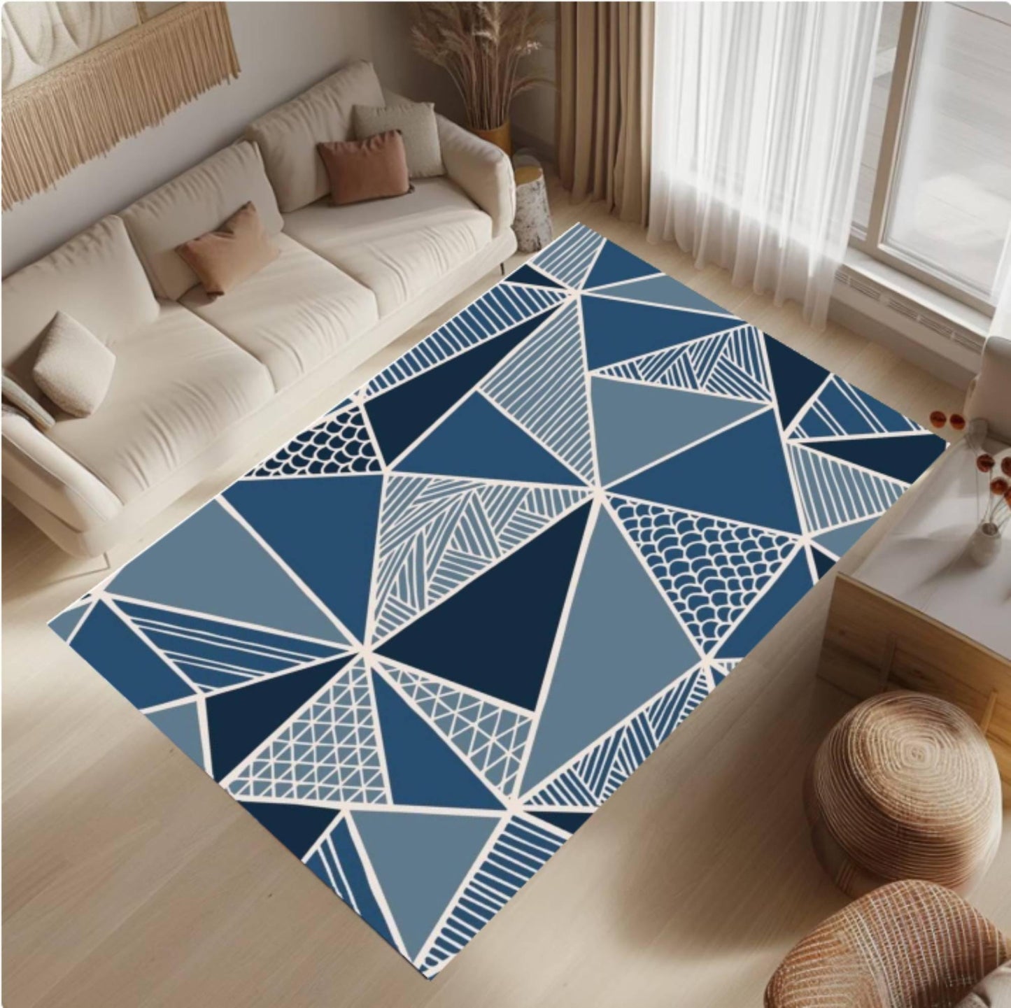 Modern Geometric Rug Blue Rug with Abstract Triangular Pattern Scandinavian
