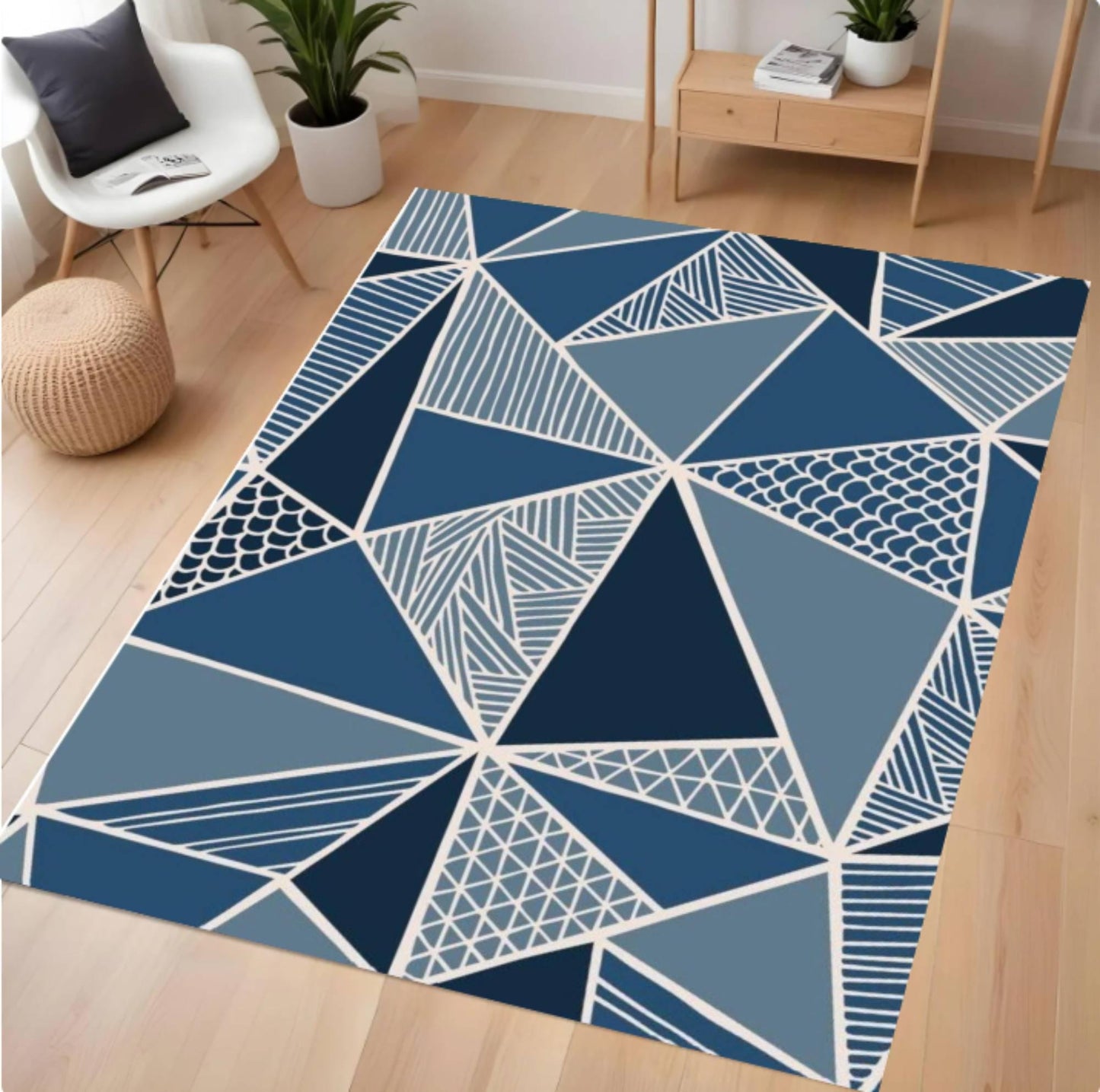 Geometric patterned rug on a wooden floor with a modern interior setting.