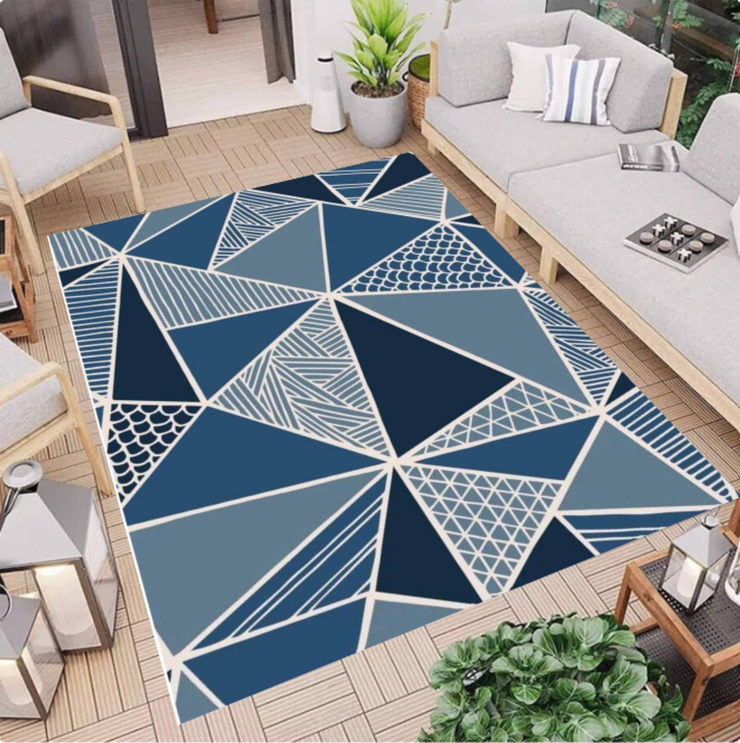 Modern Geometric Rug Blue Rug with Abstract Triangular Pattern Scandinavian