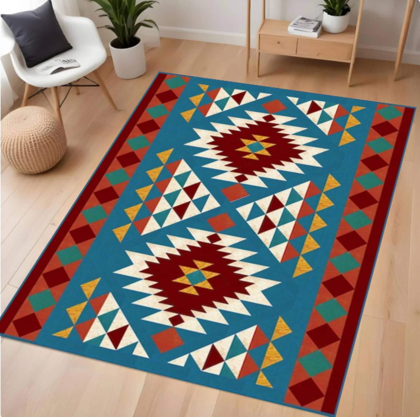 Colorful geometric patterned rug on a wooden floor with furniture in the background