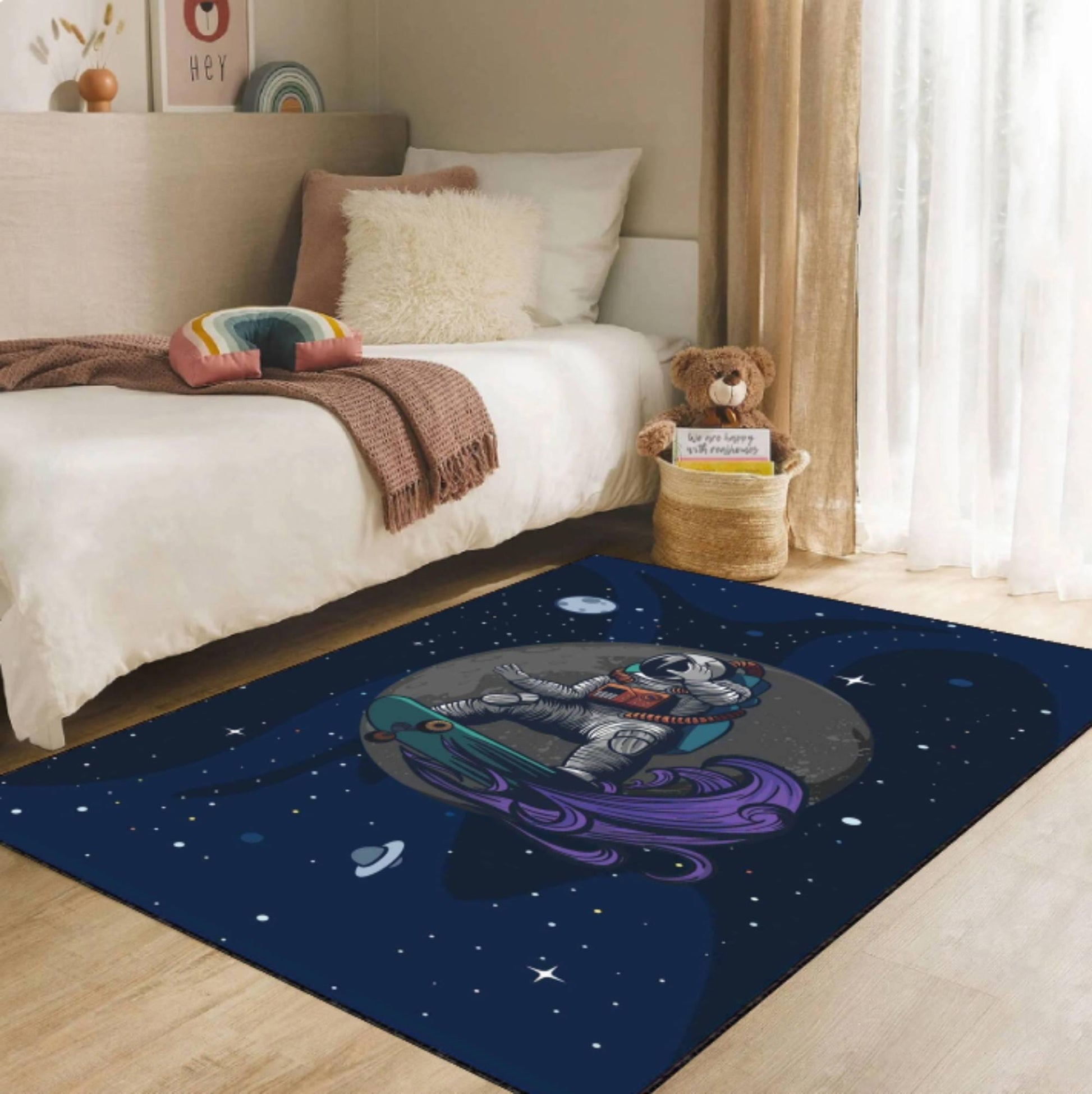 Astronaut Space Skateboard Area Rug, Galaxy Kids Room Carpet, Cosmic Nursery Decor Rug, Modern Space Theme Rug, Washable Rug, Non Slip Rug