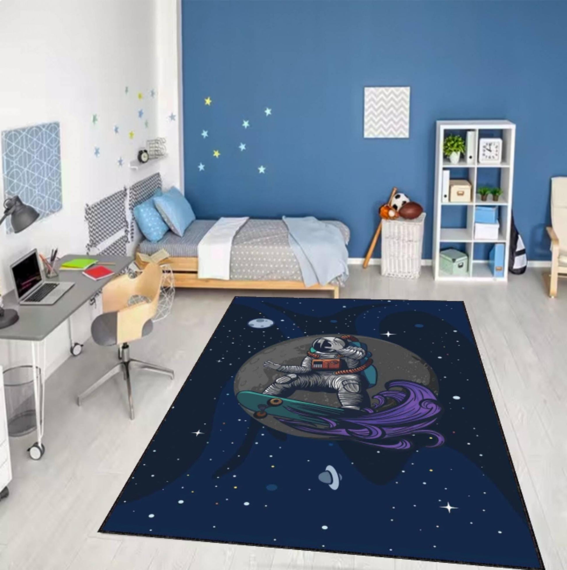 Astronaut Space Skateboard Area Rug, Galaxy Kids Room Carpet, Cosmic Nursery Decor Rug, Modern Space Theme Rug, Washable Rug, Non Slip Rug
