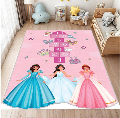 Pink carpet with princess designs in a child's room