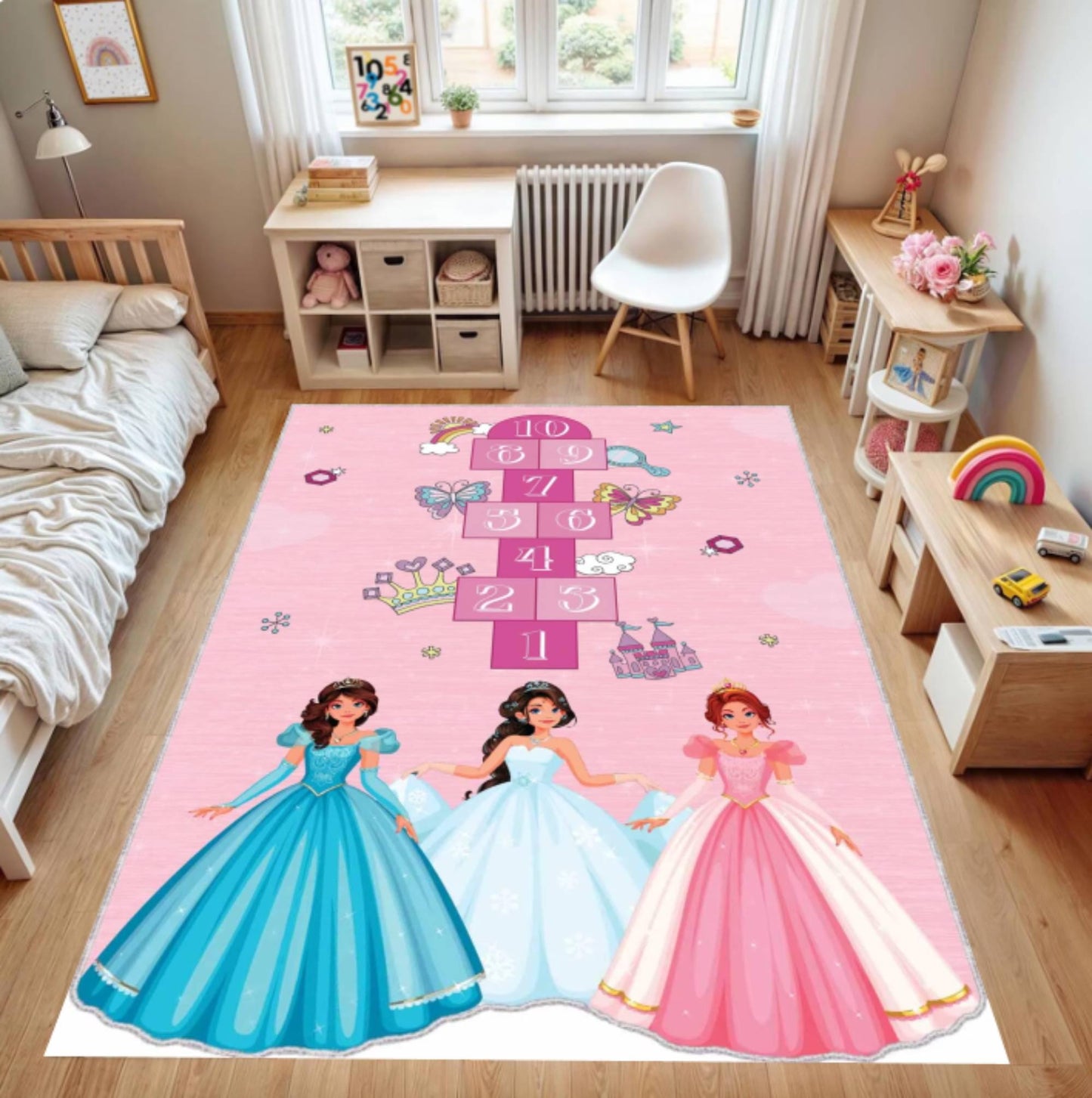 Princess Hopscotch Kids Rug - Pink Girls' Room Decor
