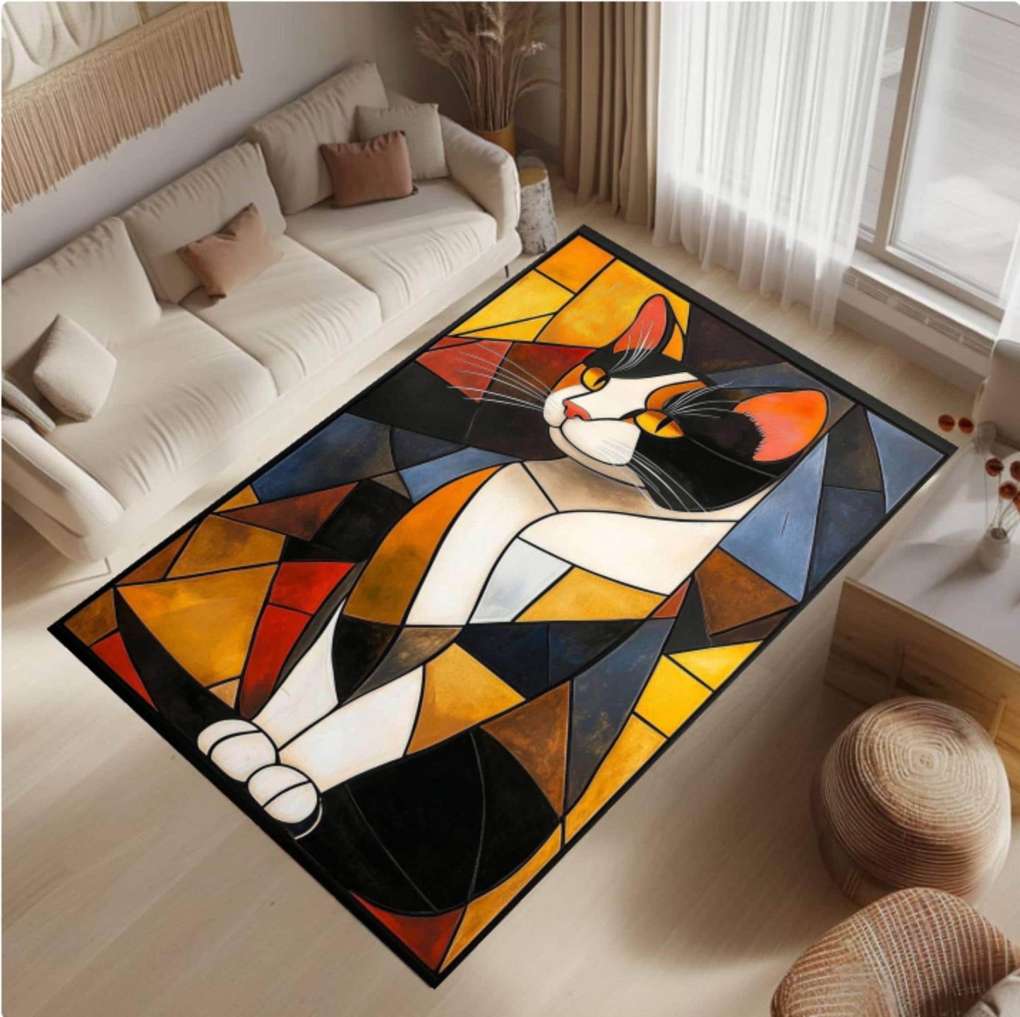 Abstract Cat Rug Modern Geometric Colorful Living Room Decor