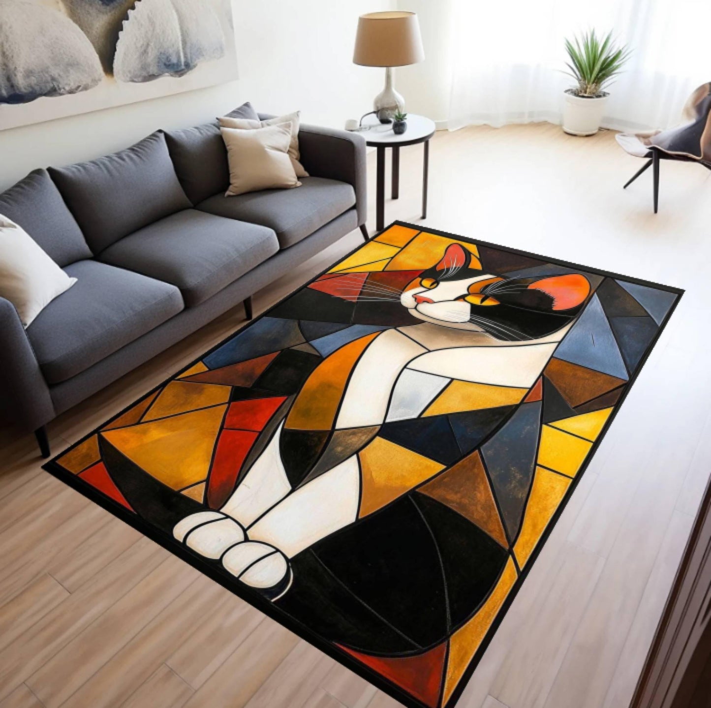 Abstract Cat Rug Modern Geometric Colorful Living Room Decor