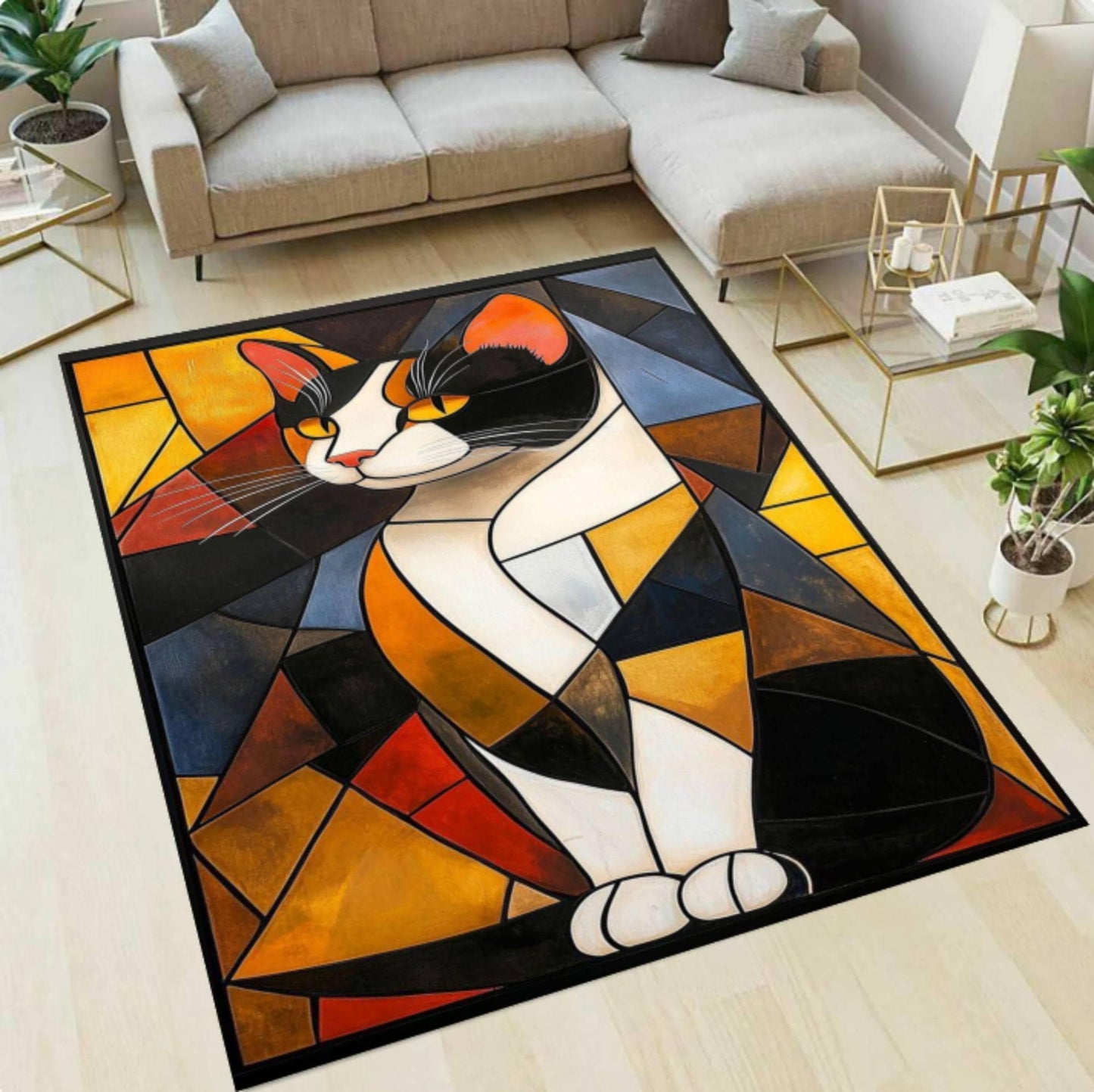 Abstract Cat Rug Modern Geometric Colorful Living Room Decor