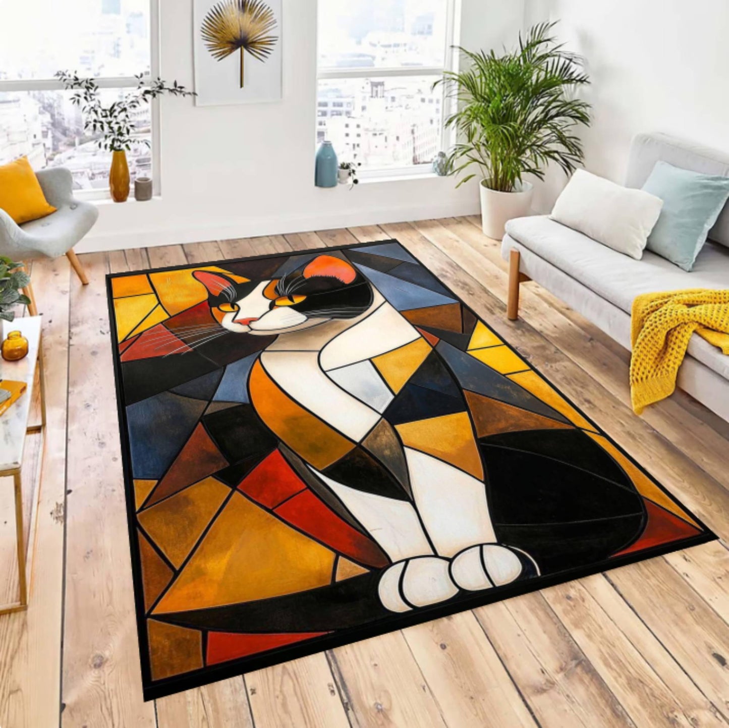 Abstract Cat Rug Modern Geometric Colorful Living Room Decor