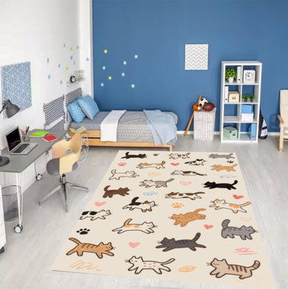 Cute Cats Area Rug, Playful Cat Pattern Carpet for Kids Room, Nursery and Playroom Decor, Soft Kids Rug, Washable Rug, Non Slip Backing