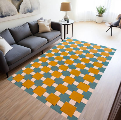 Mid-Century Geometric Rug - Blue & Mustard Pattern Washable Rug