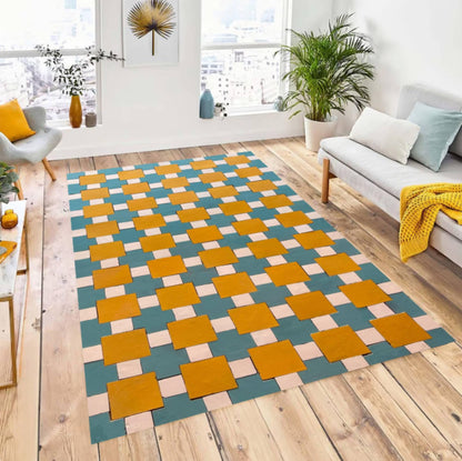 Mid-Century Geometric Rug - Blue & Mustard Pattern Washable Rug