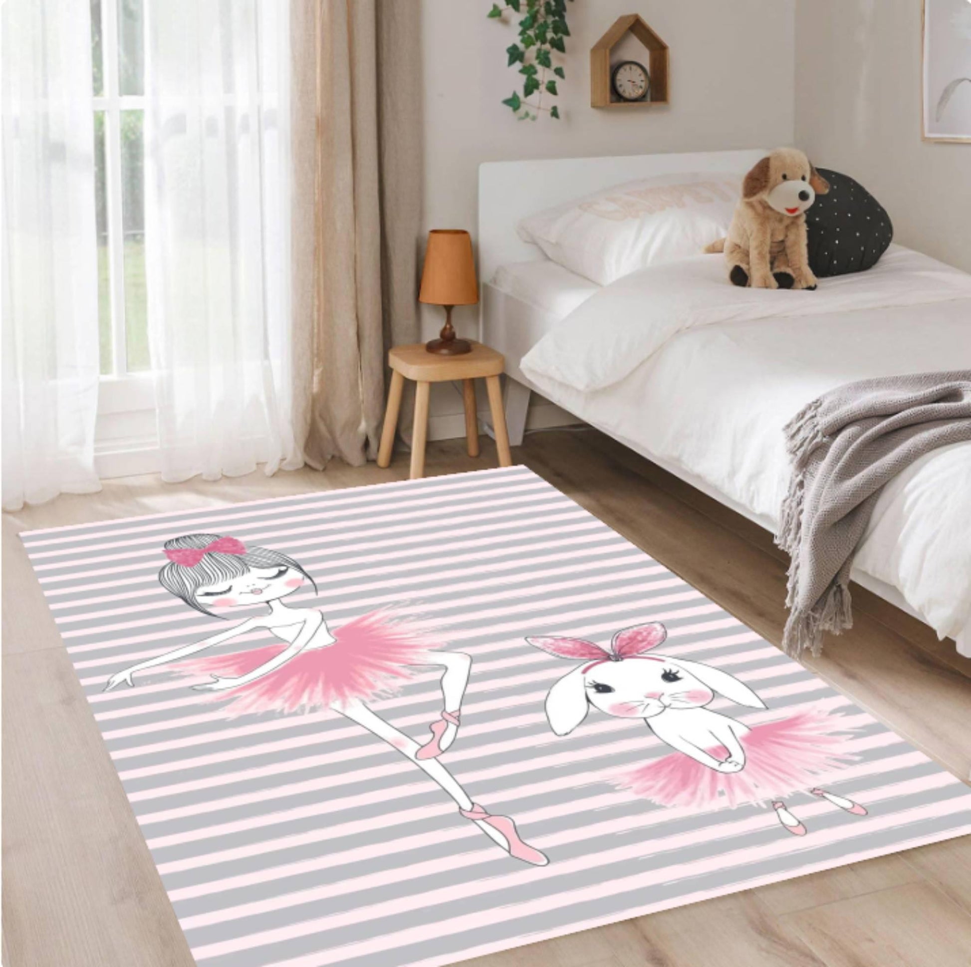 Ballerina Kids Area Rug, Pink Nursery Floor Rug with Bunny, Washable Non Slip Carpet, Cute Girls Room Decor, Playroom Gift Idea