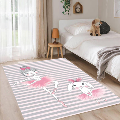 Ballerina Pink Kids Room Rug with Bunny Washable