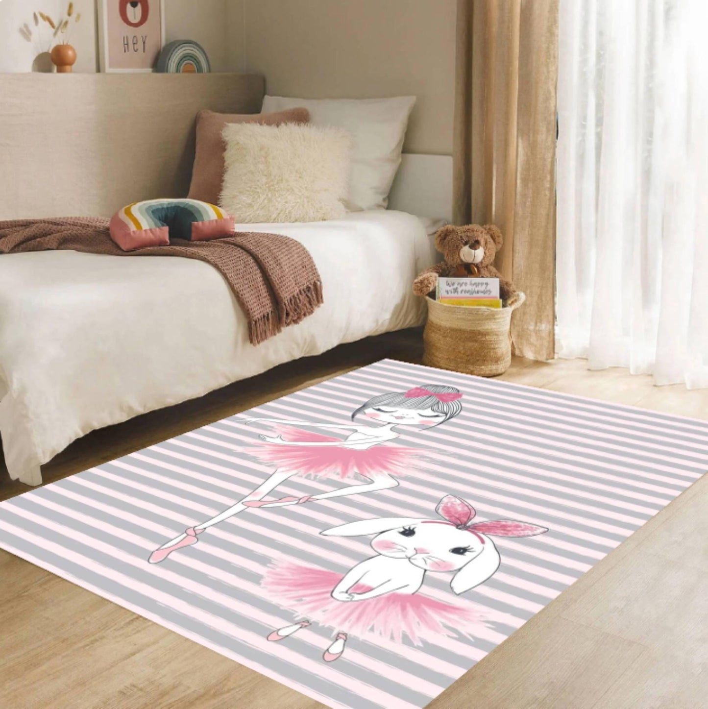 Ballerina Pink Kids Room Rug with Bunny Washable