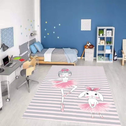 Ballerina Pink Kids Room Rug with Bunny Washable