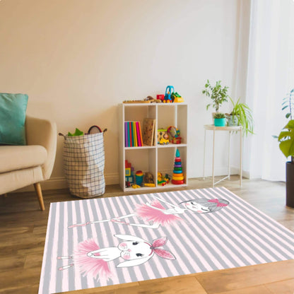 Ballerina Pink Kids Room Rug with Bunny Washable