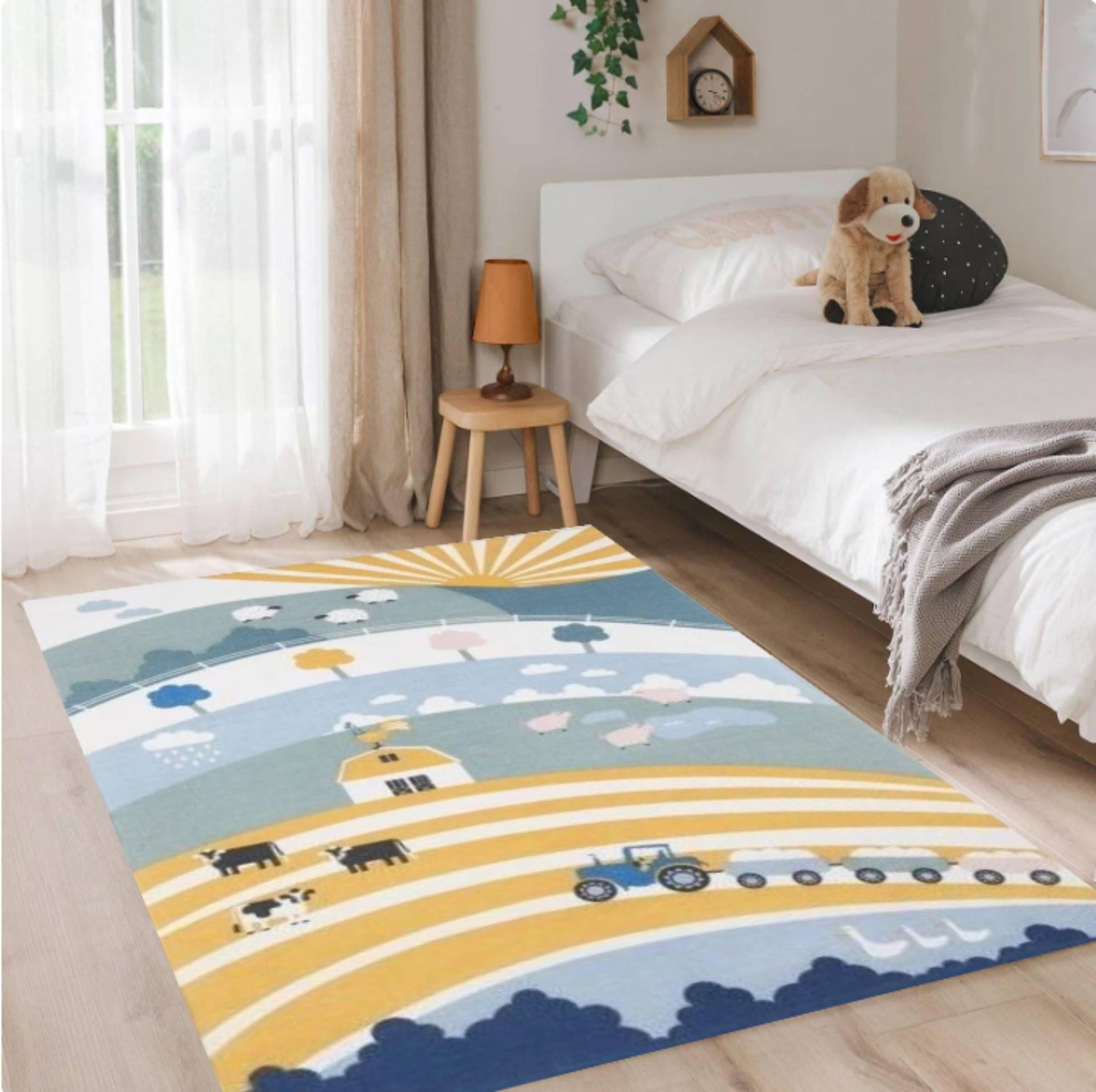 Farm Theme Kids Rug,Washable Nursery Play Mat,Non Slip Children Carpet,Cute Tractor Animal Design,Soft BabyRoom Decor Montessori PlayroomRug