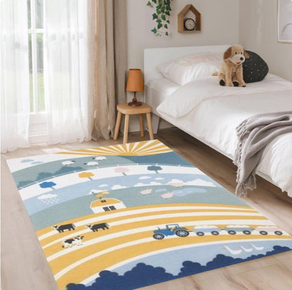 Farm Theme Kids Rug,Washable Nursery Play Mat,Non Slip Children Carpet,Cute Tractor Animal Design,Soft BabyRoom Decor Montessori PlayroomRug