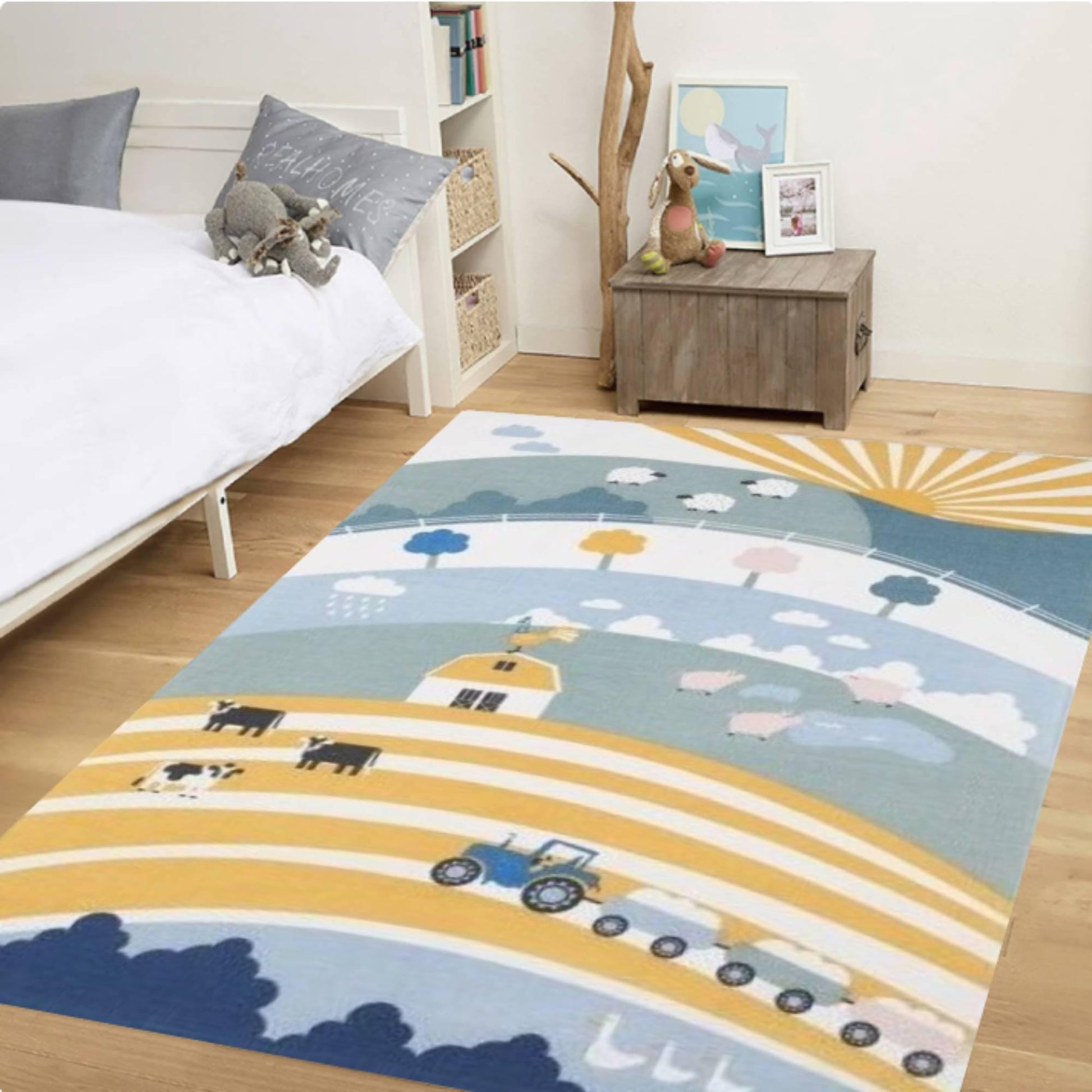 Farm Theme Kids Rug,Washable Nursery Play Mat,Non Slip Children Carpet,Cute Tractor Animal Design,Soft BabyRoom Decor Montessori PlayroomRug