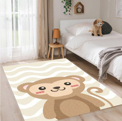 Cute Monkey Kids Rug - Washable Baby Blanket & Non-Slip Neutral Playroom Rug