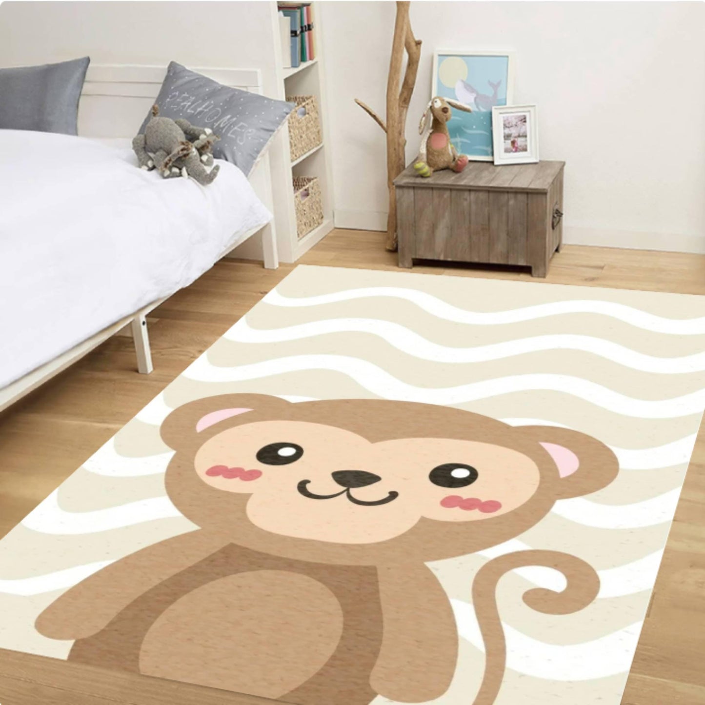 Cute Monkey Kids Rug - Washable Baby Blanket & Non-Slip Neutral Playroom Rug