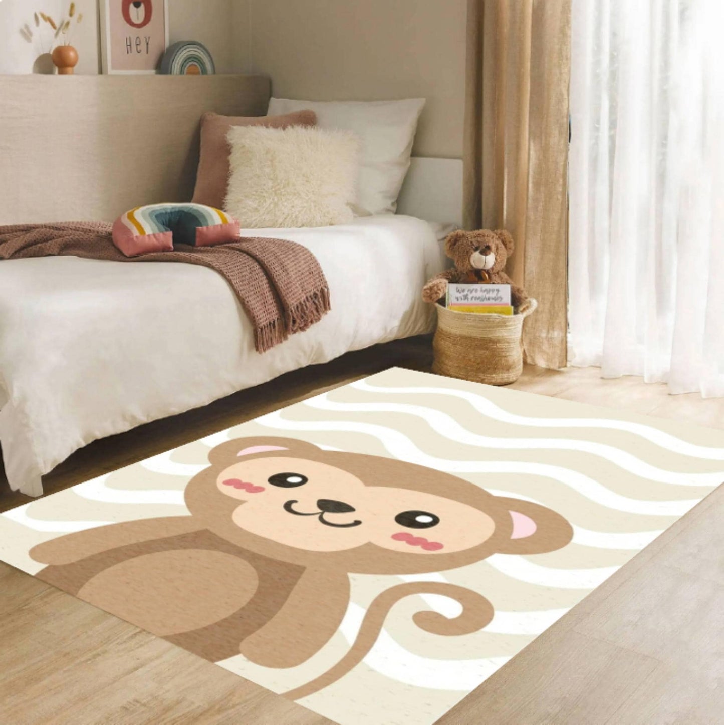 Cute Monkey Kids Rug - Washable Baby Blanket & Non-Slip Neutral Playroom Rug