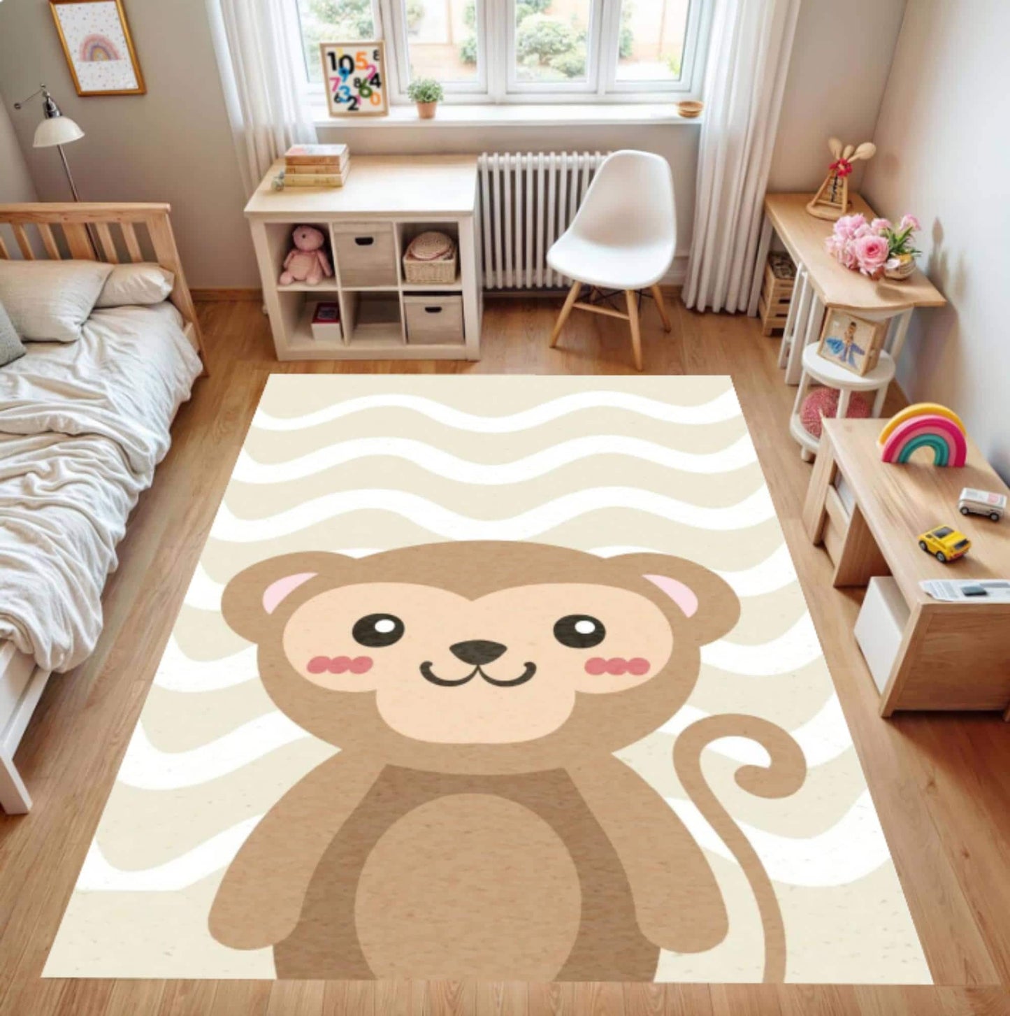 Cute Monkey Kids Rug - Washable Baby Blanket & Non-Slip Neutral Playroom Rug