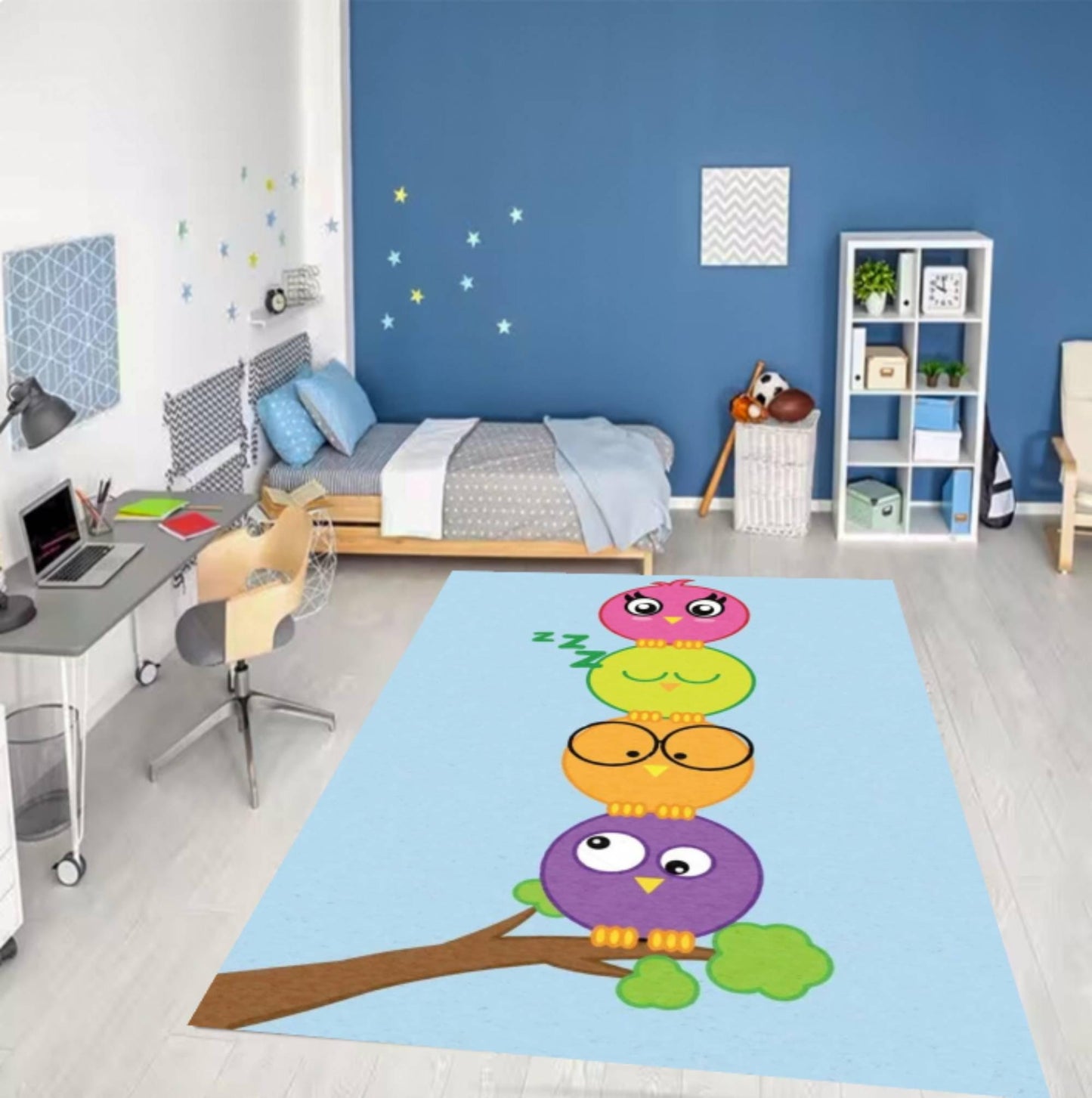 Colorful Owl Kids Rug - Washable & Non-Slip Playroom Rug