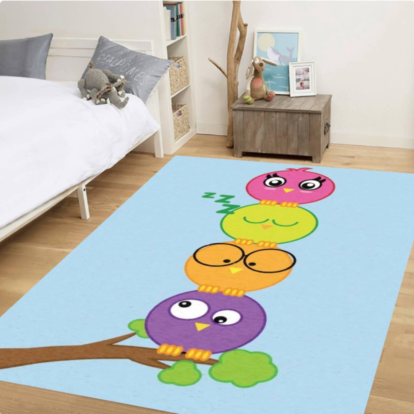 Colorful Owl Kids Rug - Washable & Non-Slip Playroom Rug