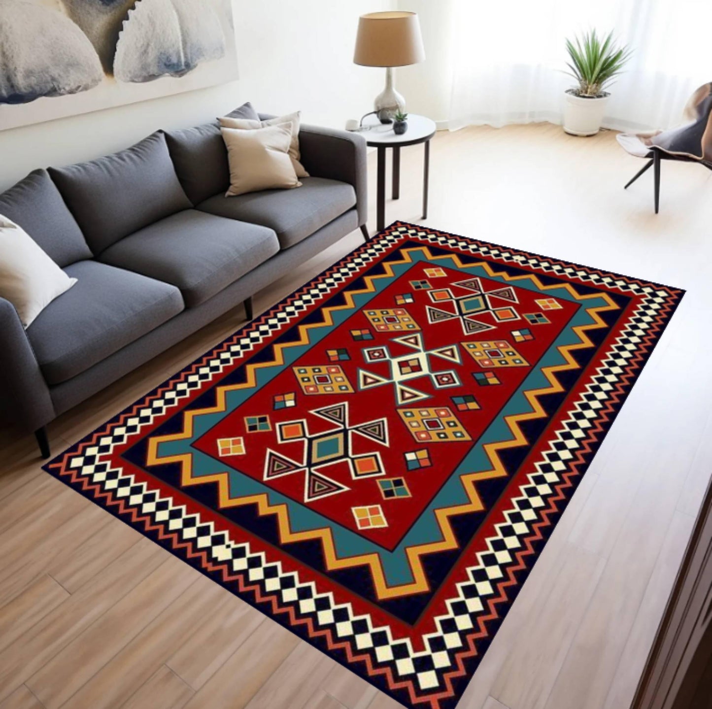 Vintage Tribal Rug Washable Boho Rug Non-slip Rug Ethnic Geometric