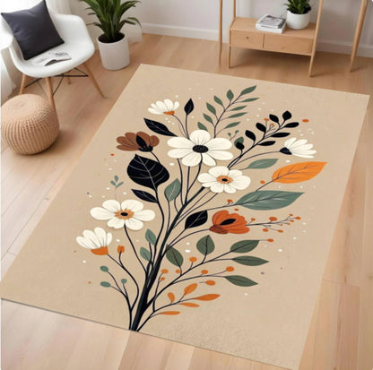 Beige rug with floral design on a wooden floor