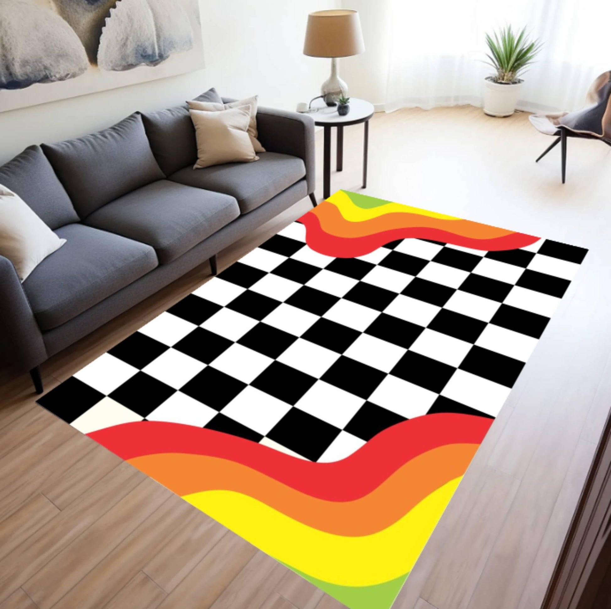 Modern Checkerboard Area Rug, Retro Wave Accent Design, Washable Non Slip Carpet, Bold Color Floor Rug for Living Room,Bedroom, Studio Decor
