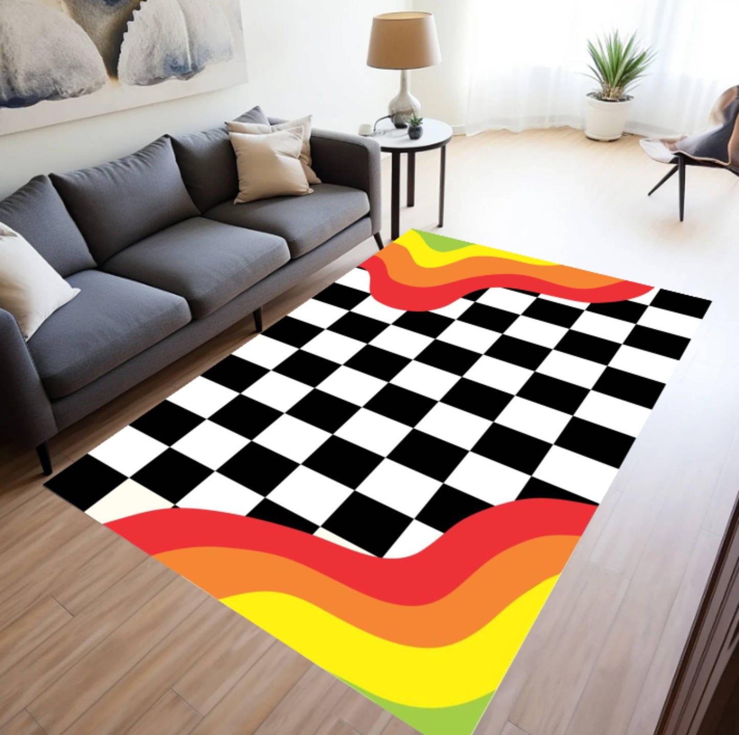 Modern Checkerboard Rug - Retro Wave Pattern Washable Non-Slip Rug