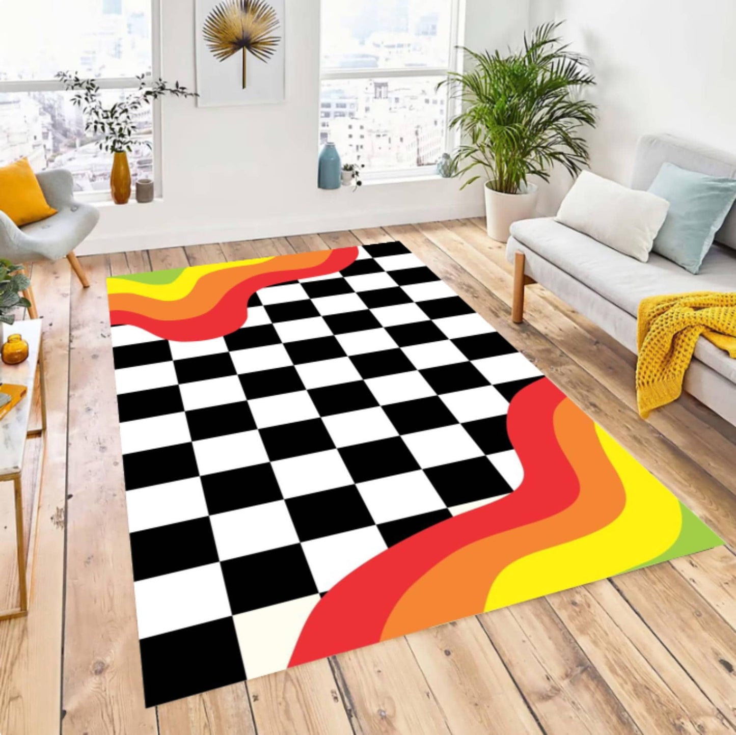 Modern Checkerboard Rug - Retro Wave Pattern Washable Non-Slip Rug